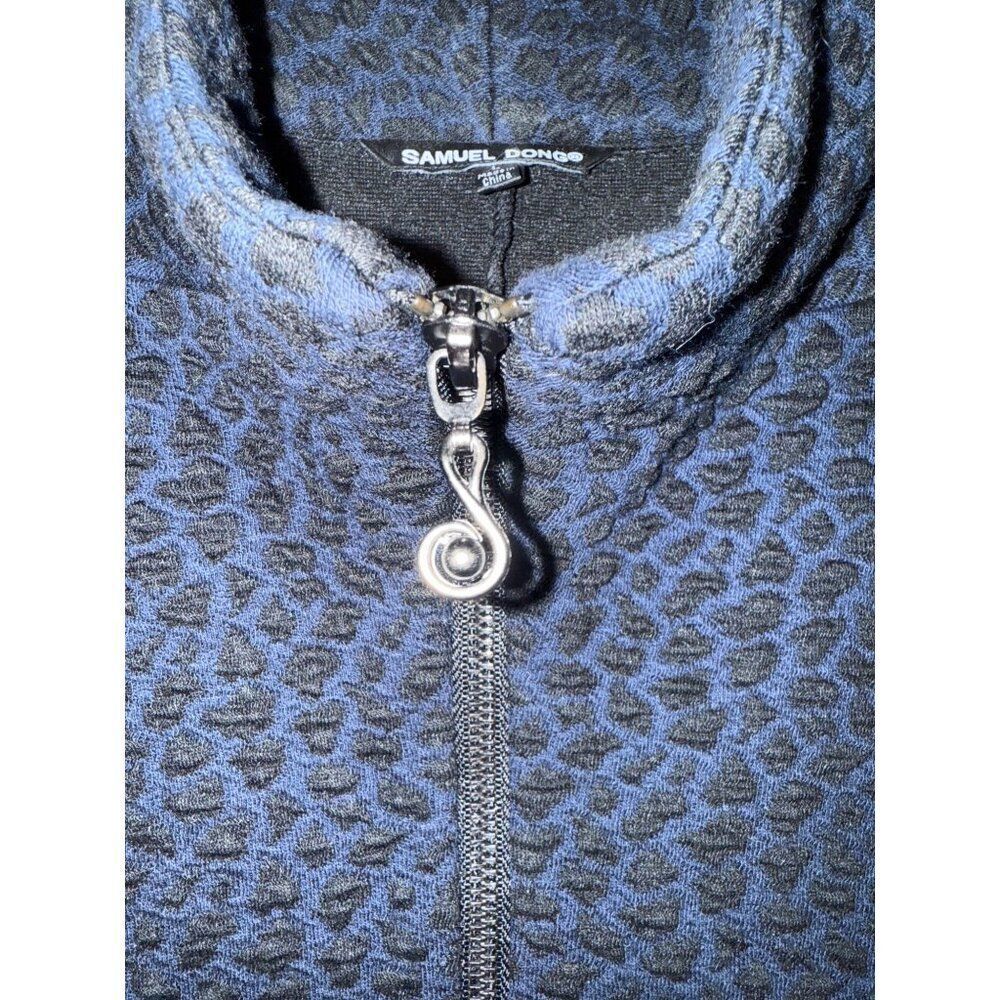 Samuel Dong Black and Navy Cheetah‎ Print Collared Dbl Zipper Coat Dress SZ Lg - Picture 11 of 16
